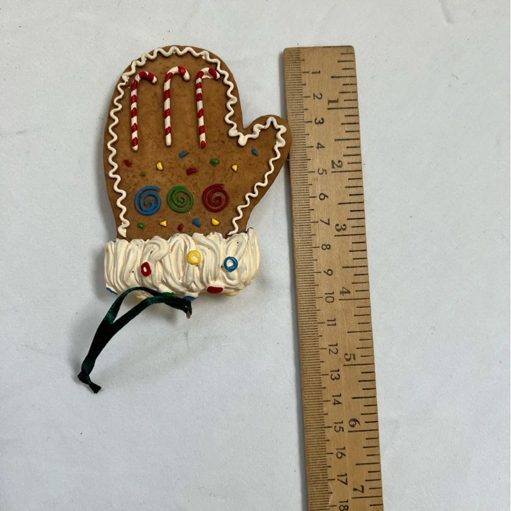 Christmas Mittens Ornaments (2) 1 Knit + 1 Stone Clay Hanging Decorated Vintage
